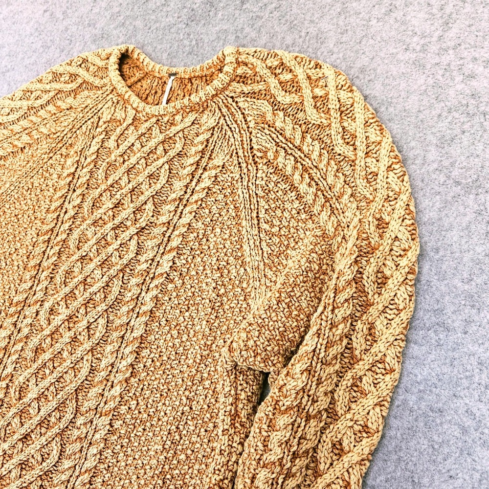 Free People My Only Sunshine Cable Knit Sweater Honey Yellow OB724193 Large